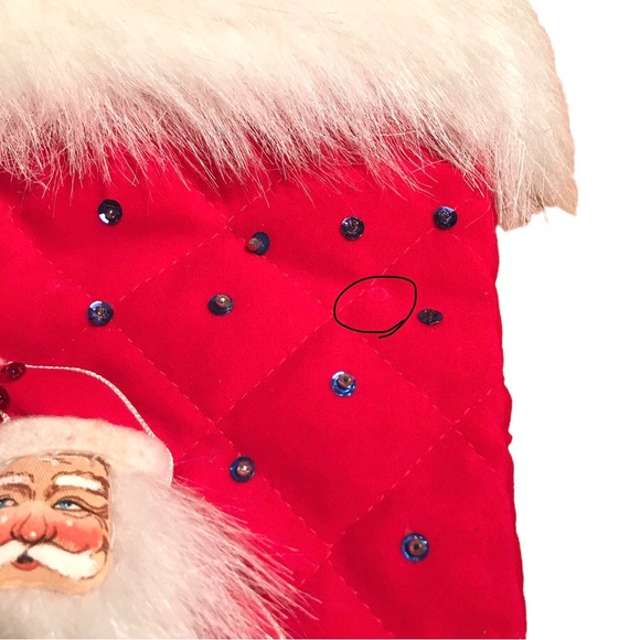 Vintage Quilted Sequin Santa Animals Pets Christmas Stocking Fur Cuff 18" Kitsch - Picture 14 of 14